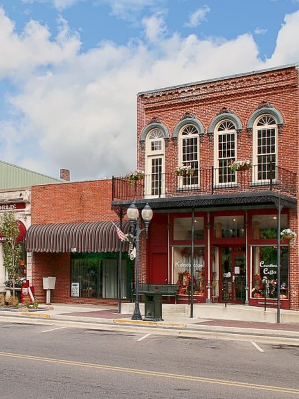 Brick shopfronts on the small-town main street
