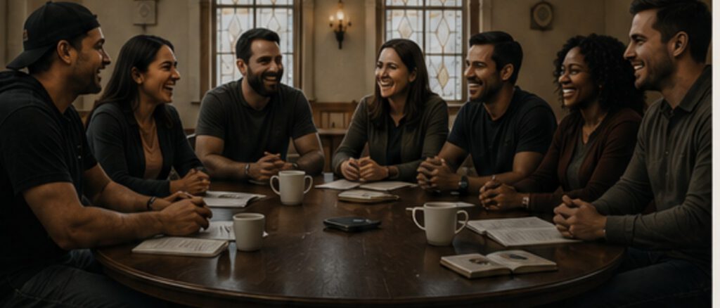 The cast of Sunday Best laughing together around a table in the church hall